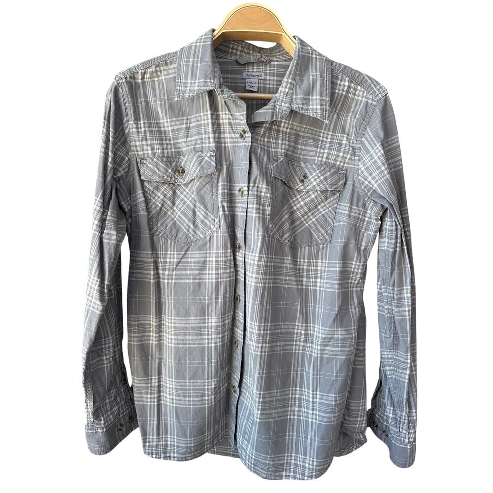 Carhartt Women’s Size L Plaid Button Front Shirt Gray Cotton Stretch Utility